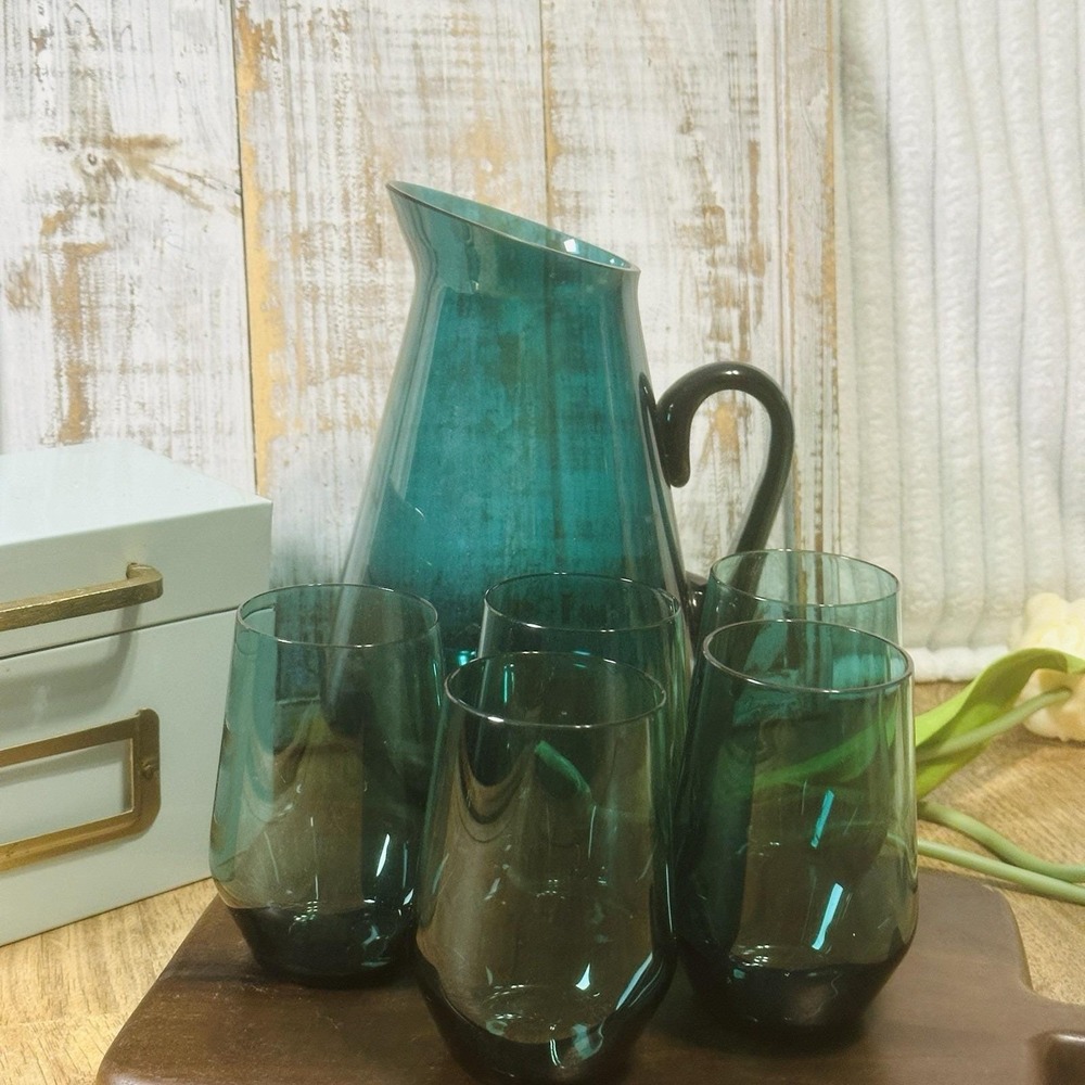 Kaj Franck Finland Teal Blue‎ Glass Pitcher Nuutajarvi Iittala Modern Minimalist - Picture 8 of 13